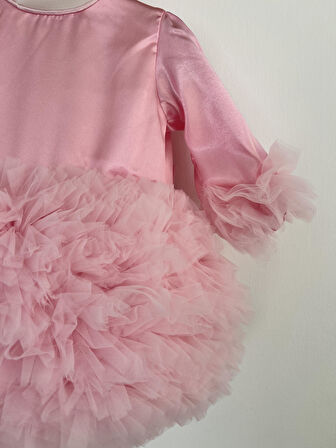 Kız Bebek Çocuk Elbise Uzun Kollu Tüllü Tütü Özel Gün Parti Doğum Günü Prenses Saten Abiye Elbise