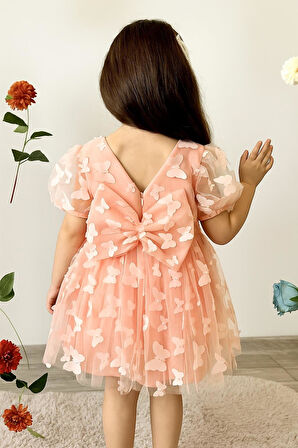 Kelebek Desenli Somon Rengi Elbise Kısa Kollu Fiyonklu Doğum Günü Parti Düğün Özel Gün Tüllü Astarlı Prenses Parti Elbise 