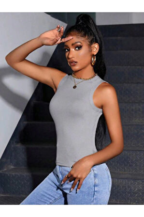  Gri Fitlilli Likralı Pamuklu Bisiklet Yaka Kolsuz Tshirt Atlet