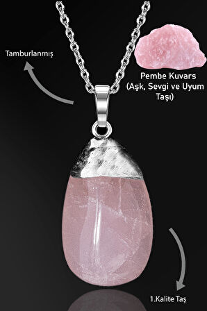 Sertifikalı Tamburlanmış Pembe Kuvars Taşı Kolye