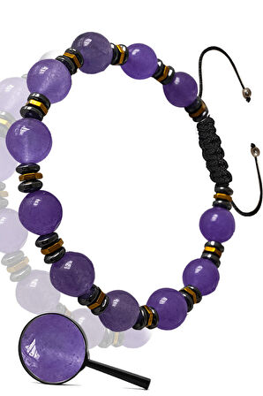 Sertifikalı Rose Hematitli Gerçek Mor Akik Taşı Bileklik - Ayarlamalı