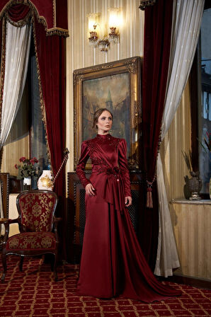 Saten Drape İşlemed Detaylı Abiye 7008