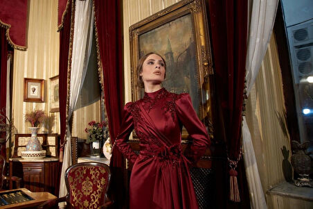 Saten Drape İşlemed Detaylı Abiye 7008