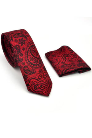 Kırmızı Şal Desenli Siyah Dokuma Kumaş Mendilli Slim Fit Kravat  / SDK-230207