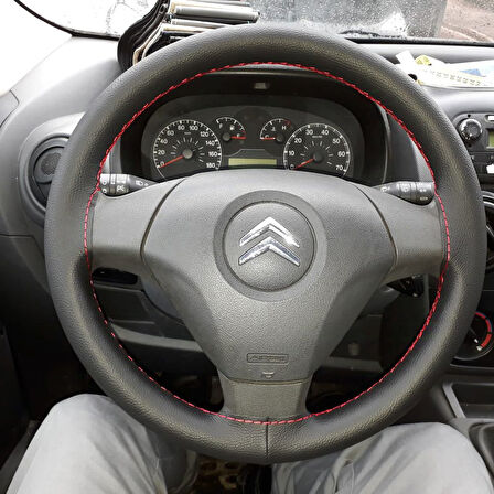 DİKİŞLİ DİREKSİYON KILIFI SİYAH DERİ KIRMIZI DİKİŞLİ CITROEN NEMO İÇİN