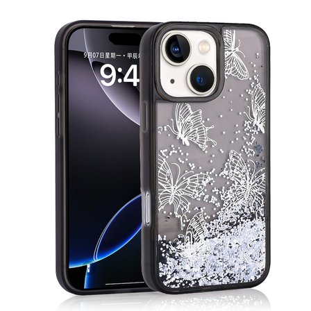 Teleplus iPhone 14 Kılıf Sıvılı Simli Kelebek Desenli Glis Kapak