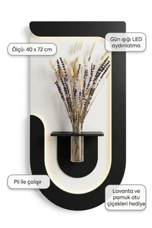 SERENGETI ART AKASYA AHŞAP PİLLİ LEDLİ İSKANDİNAV TARZI SALON DUVAR RAFI MODERN ÇİÇEKLİK 40 X 72 CM