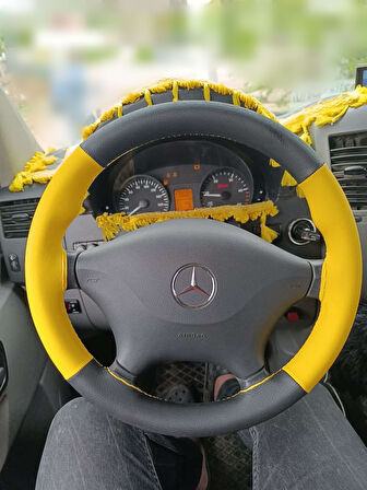 DİKİŞLİ DİREKSİYON KILIFI SARI DERİ SİYAH DERİ SARI DİKİŞLİ MERCEDES SPRİNTER TÜMSEKLİ DİREKSİYON