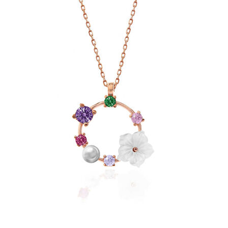 925 Ayar Gümüş Rose Renkli Taşlı Manolya Çiçeği Kadın Kolye