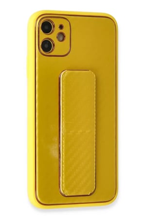 Newface Apple iPhone 12 Kılıf Coco Karbon Standlı Kapak - Sarı