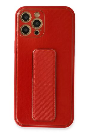 Newface Apple iPhone 12 Pro Kılıf Coco Karbon Standlı Kapak - Kırmızı