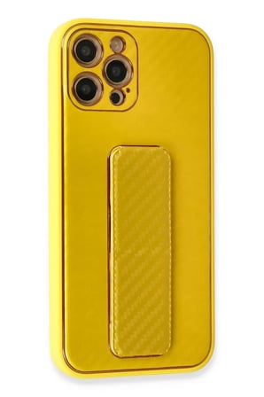 Newface Apple iPhone 12 Pro Kılıf Coco Karbon Standlı Kapak - Sarı