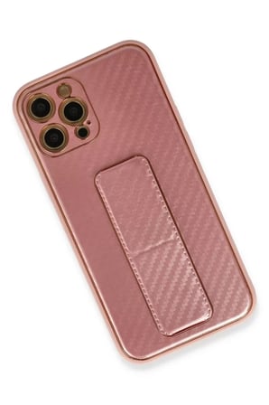 Newface Apple iPhone 12 Pro Kılıf Coco Karbon Standlı Kapak - Pembe