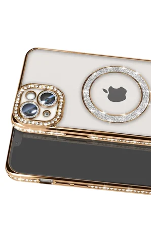 Newface Apple iPhone 14 Kılıf Joke Simli Magneticsafe Kılıf - Gold