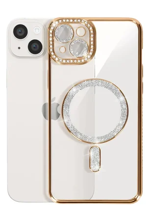 Newface Apple iPhone 14 Kılıf Joke Simli Magneticsafe Kılıf - Gold