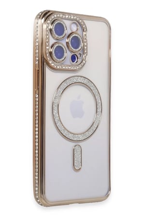 Newface Apple iPhone 14 Pro Kılıf Joke Simli Magneticsafe Kılıf - Gold