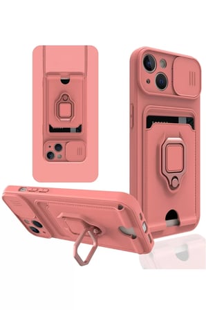 Newface Apple iPhone 15 Kılıf Zuma Kartvizitli Yüzüklü Silikon - Pembe