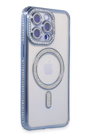 Newface Apple iPhone 15 Pro Max Kılıf Joke Simli Magneticsafe Kılıf - Mavi