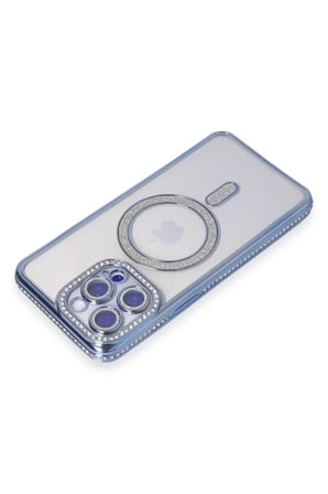 Newface Apple iPhone 15 Pro Max Kılıf Joke Simli Magneticsafe Kılıf - Mavi