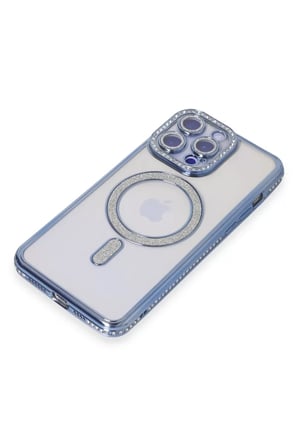 Newface Apple iPhone 15 Pro Max Kılıf Joke Simli Magneticsafe Kılıf - Mavi