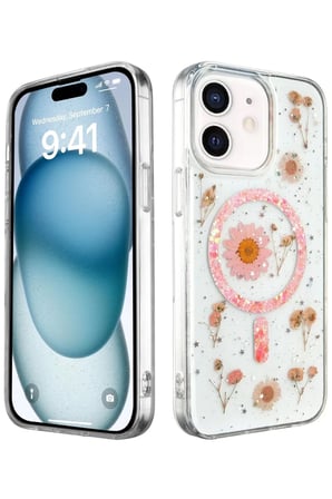 Newface Apple iPhone 12 Kılıf Daisy Simli Magsafe Kapak - Pembe