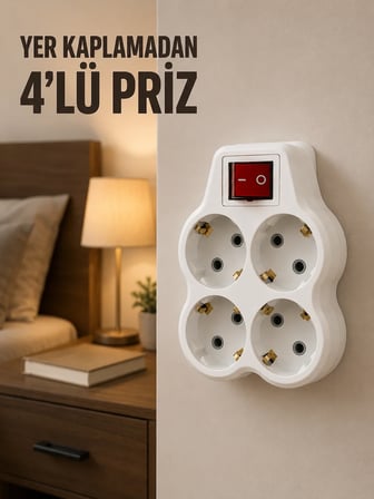 4’lü Priz Çoğaltıcı Açma Kapama Anahtarlı Kablosuz Duvar Tipi Priz Adaptörü