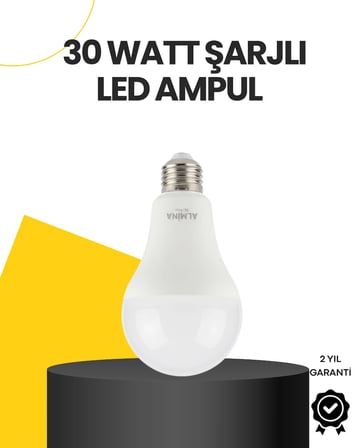 Yüksek Işık Güçlü Şarjlı LED Ampul E27 30W Enerji Tasarruflu