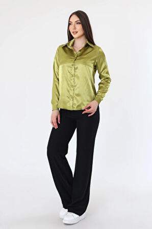 Kadın Hafif Dökümlü Yağ Yeşil Saten Gömlek