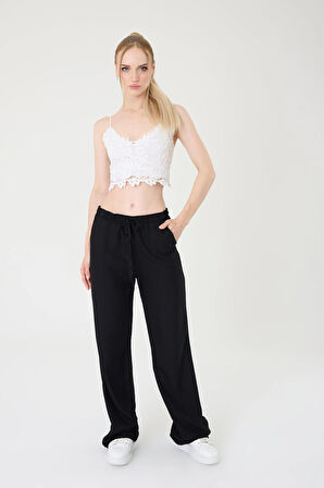 Kadın Siyah  Keten Karışımlı Bol Kesim Pantolon