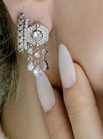 3lü Set Taşlı Silver Küpe