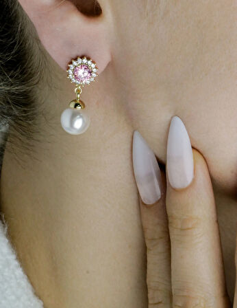 İnci Top Sallantılı Pırlanta Taş Çelik Küpe