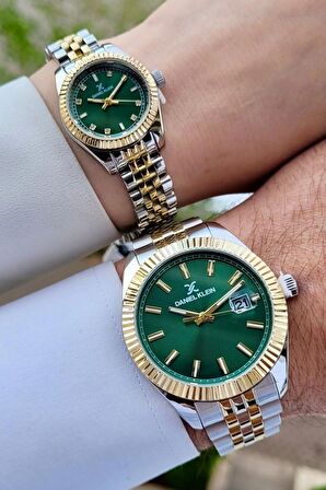 Daniel Klein DKISTE1092Kadranı Yeşil Gold Gümüş Renk Hediye Paketli Sevgili İki Kol Saati