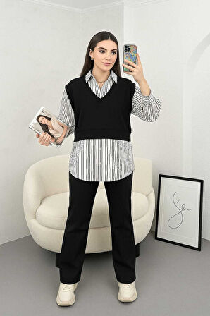 Seçil Kadın Siyah Günlük Penye Süveter Detaylı Çizgili Gömlek SECIL-4997