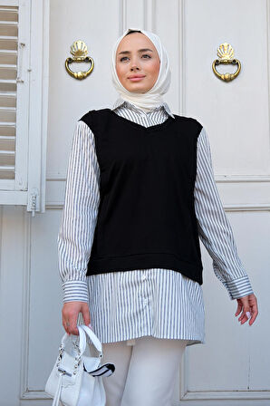 Seçil Kadın Siyah Günlük Penye Süveter Detaylı Çizgili Gömlek SECIL-4997