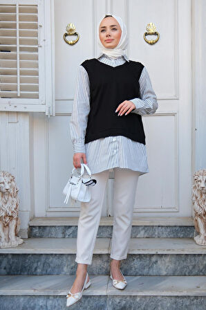 Seçil Kadın Siyah Günlük Penye Süveter Detaylı Çizgili Gömlek SECIL-4997