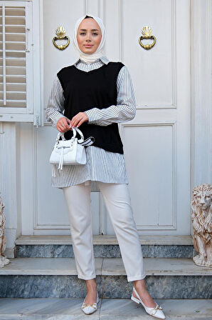 Seçil Kadın Siyah Günlük Penye Süveter Detaylı Çizgili Gömlek SECIL-4997