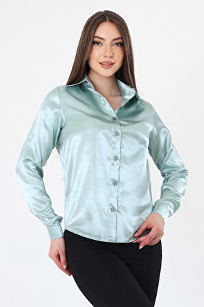 Kadın Hafif Dökümlü Mint Yeşil Saten Gömlek