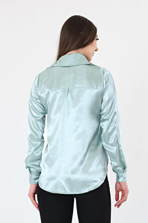Kadın Hafif Dökümlü Mint Yeşil Saten Gömlek