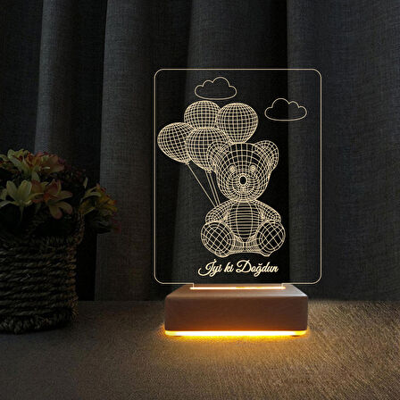 3D Led Gece Lambası İyiki Doğdun Yazılı Balonlu Ayıcık Çizim Doğum Günü Hediyesi