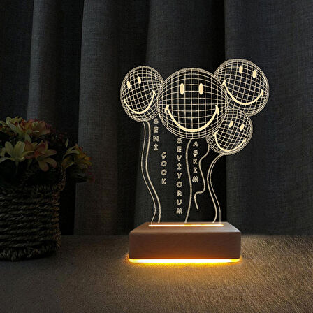 3D Led Gece Lambası Gülen Yüzler Balon Tasarım Doğum Günü Hediyesi