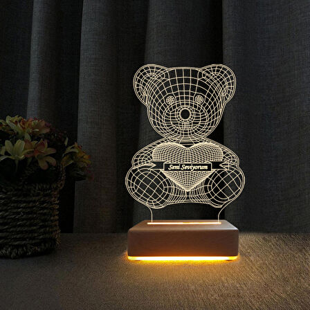 3D Led Gece Lambası Ayıcık Seni Seviyorum Yazılı Gece Lambası Doğum Günü Hediyesi 