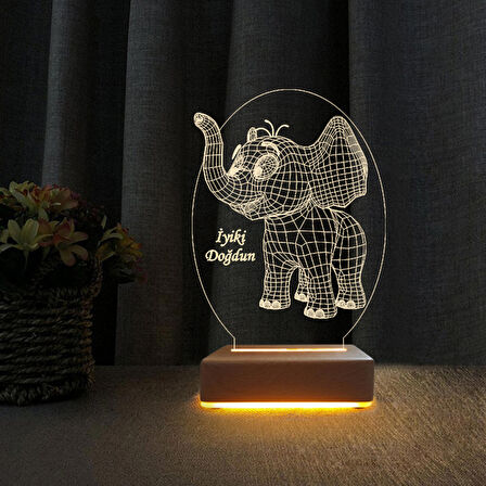 3D Led Gece Lambası Yavru Fil Tasarım Led Gece Lambası İyiki Doğdun Yazılı Led Lamba