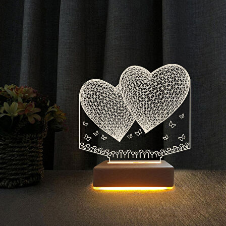 3D Led Gece Lambası 2 Kalp Tasarımlı Gece Lambası Sevgili Hediyesi