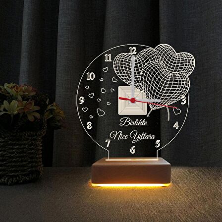3D Led Gece Lambası 3 Kalpli Saatli TasarımLed Lamba Birlikte Nice Yıllara Yazılı Sevgili Hediyesi