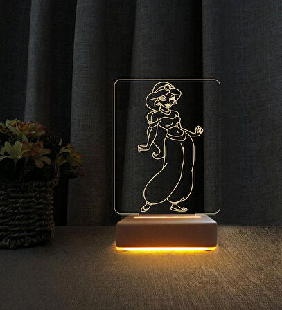 3D Led Gece Lambası Jasmine Prenses Tasarımlı Lamba Doğum Günü Hediyesi 3D Lamba