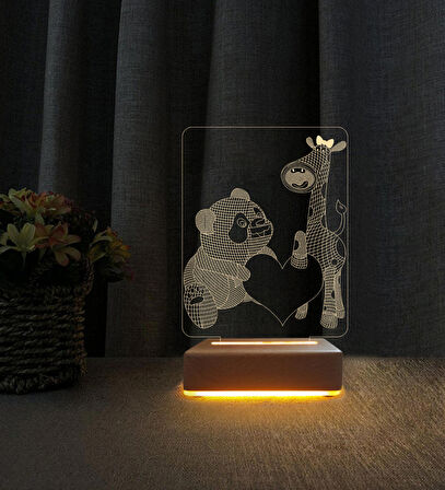 3D Led Gece Lambası Panda Zürafa Tasarımlı 3D Led Masa Lambası Doğum Gününe Hediye