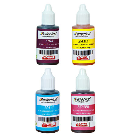 Perfection CHEF 4'lü Sıvı Su Bazlı Likit Gıda Boyası Sarı Mor Mavi Pembe 4 X 30 gr .