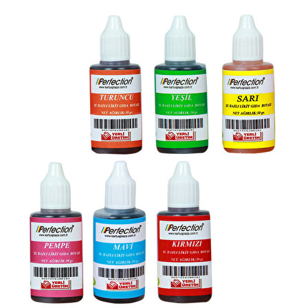 Perfection CHEF 6'lı Sıvı Su Bazlı Likit Gıda Boyası Pembe Turuncu Sarı Kırmızı Mavi Yeşil 6 X 30 gr .