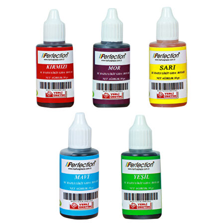 Perfection CHEF 5'li Sıvı Su Bazlı Likit Gıda Boyası Mor Sarı Kırmızı Mavi Yeşil 5 X 30 gr .