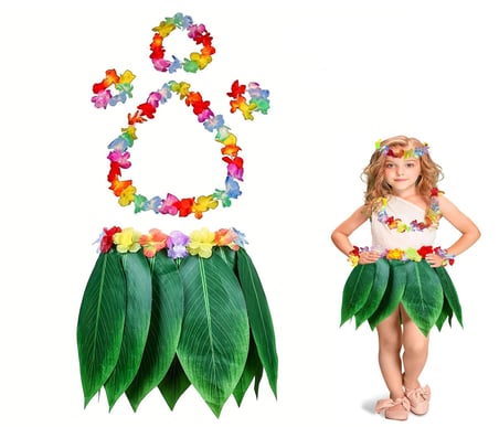 Çocuk Hawaii Kostüm Seti - Yaprak Etek &amp; Hawaii Set - 5 Parça